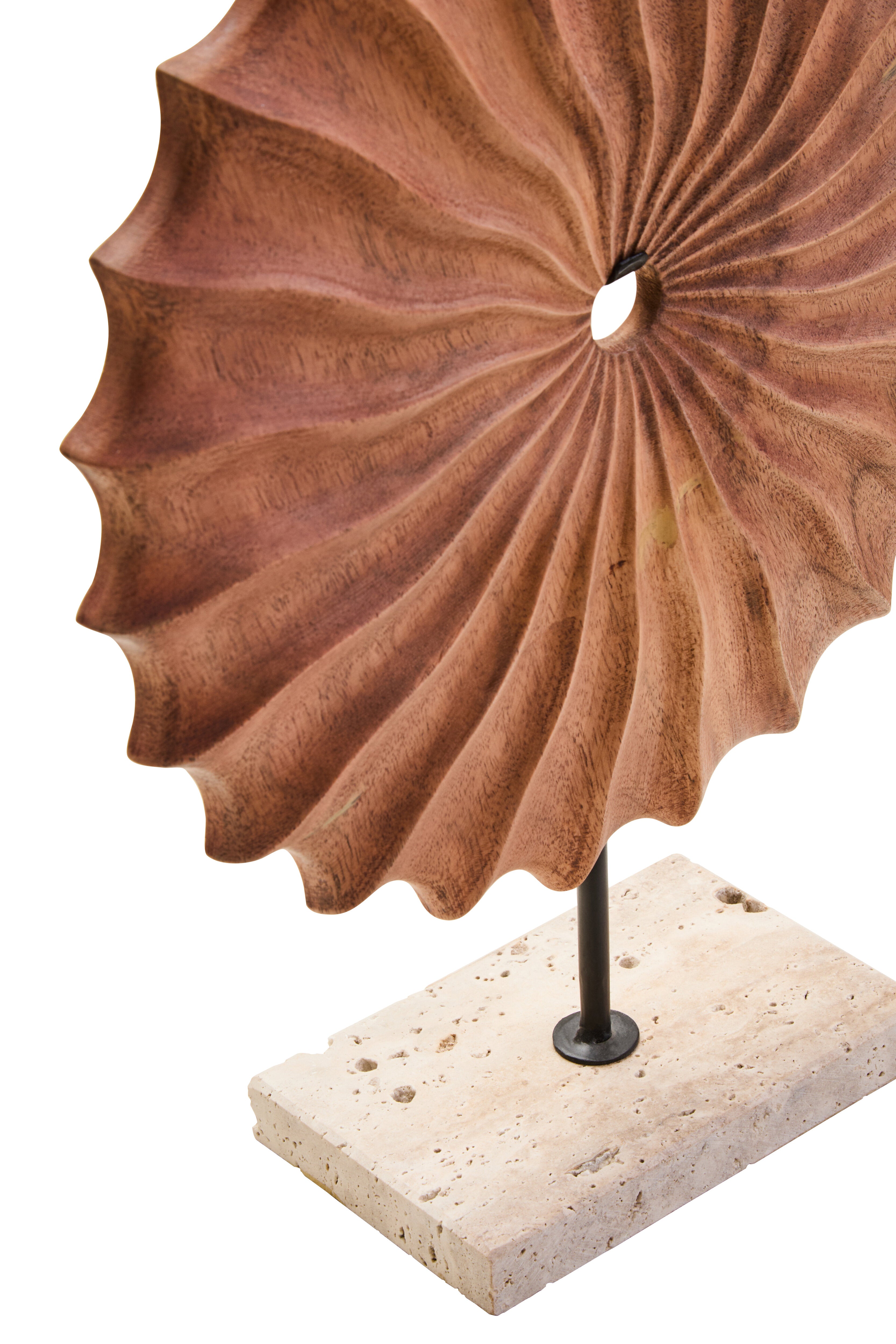 Lindos Natural Wood Round Sculpture with Travertine Base